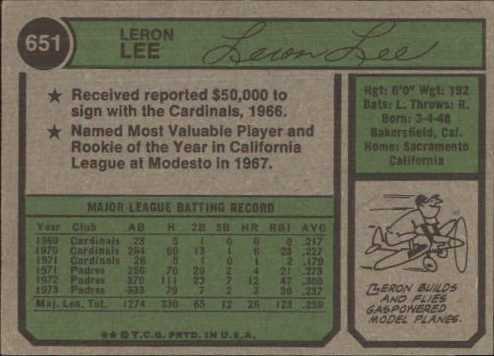 1974 Topps #651 Leron Lee San Diego Padres EX  D14738 back image
