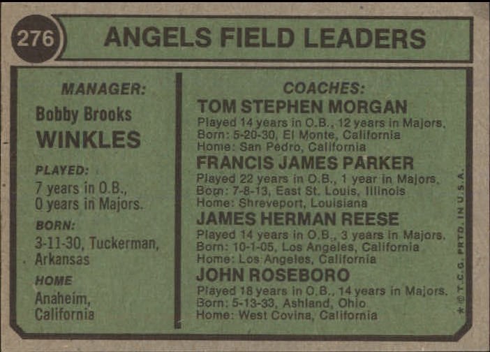 1974 Topps #276 Bobby Winkles Mgr California Angels EX  D14525 back image