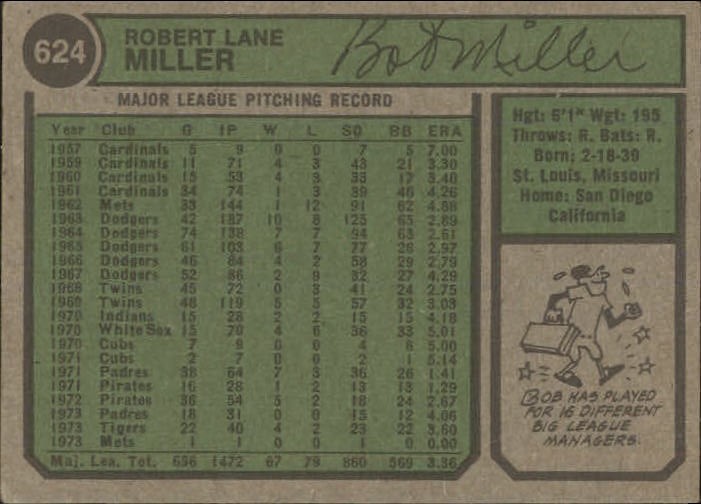 1974 Topps #624 Bob Miller New York Mets EX  D14541 back image