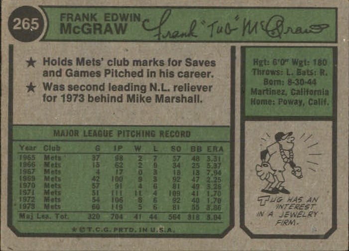1974 Topps #265 Tug McGraw New York Mets EX  D14609 back image