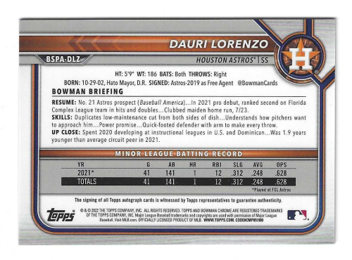 2022 Bowman Chrome Sapphire Prospect Autographs #BSPADLZ Dauri Lorenzo back image