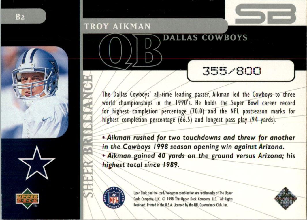 1998 Black Diamond Rookies Sheer Brilliance #B2 Troy Aikman/800 back image