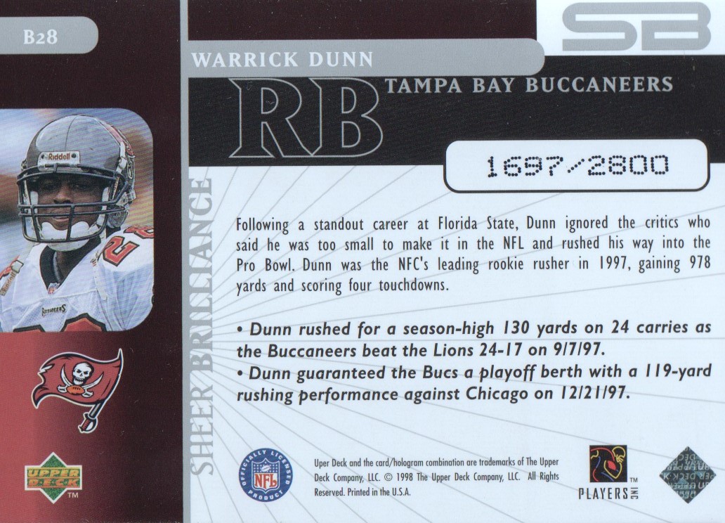 1998 Black Diamond Rookies Sheer Brilliance #B28 Warrick Dunn/2800 back image