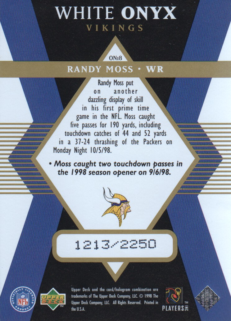 1998 Black Diamond Rookies White Onyx #ON18 Randy Moss back image