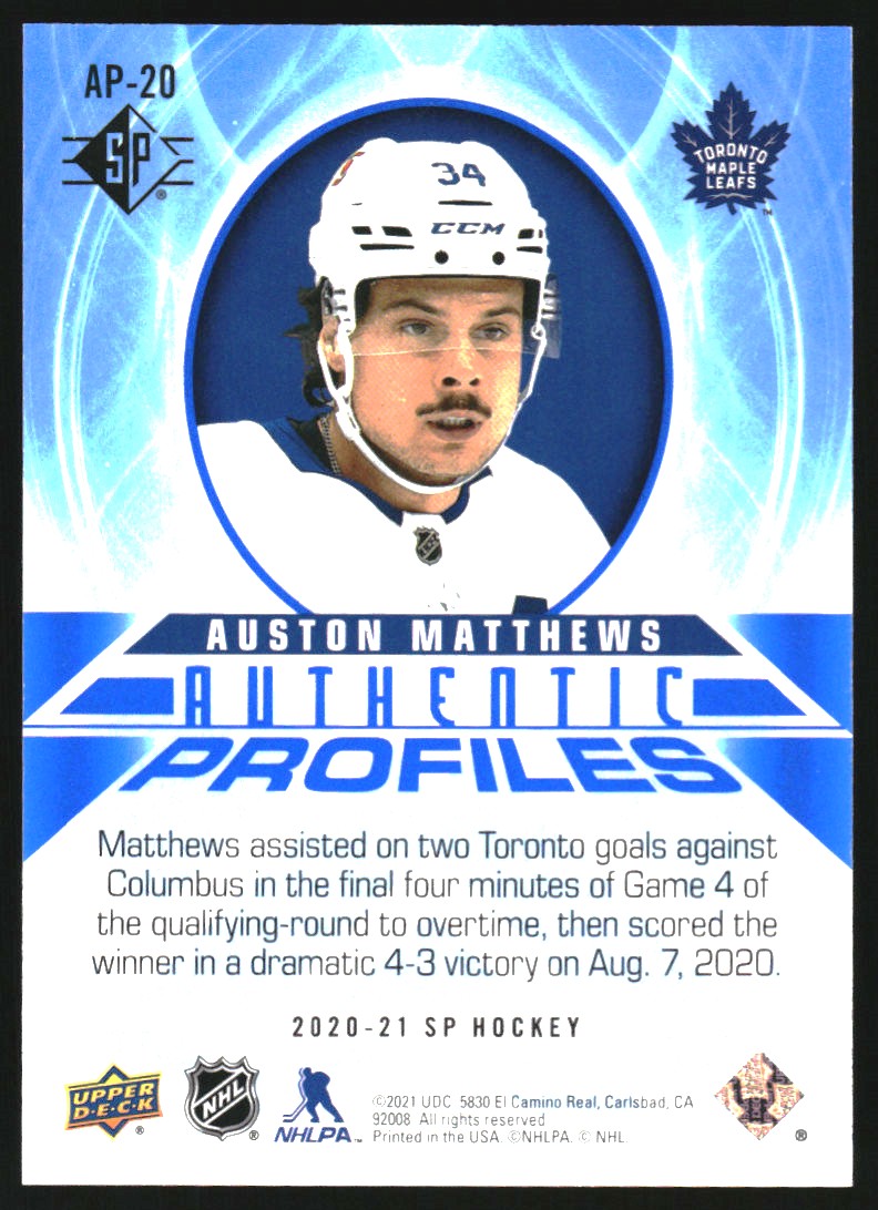 2020-21 SP Authentic Profiles Blue #AP20 Auston Matthews