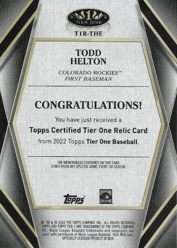 2022 Topps Tier One Relics #T1RTHE Todd Helton/299 back image