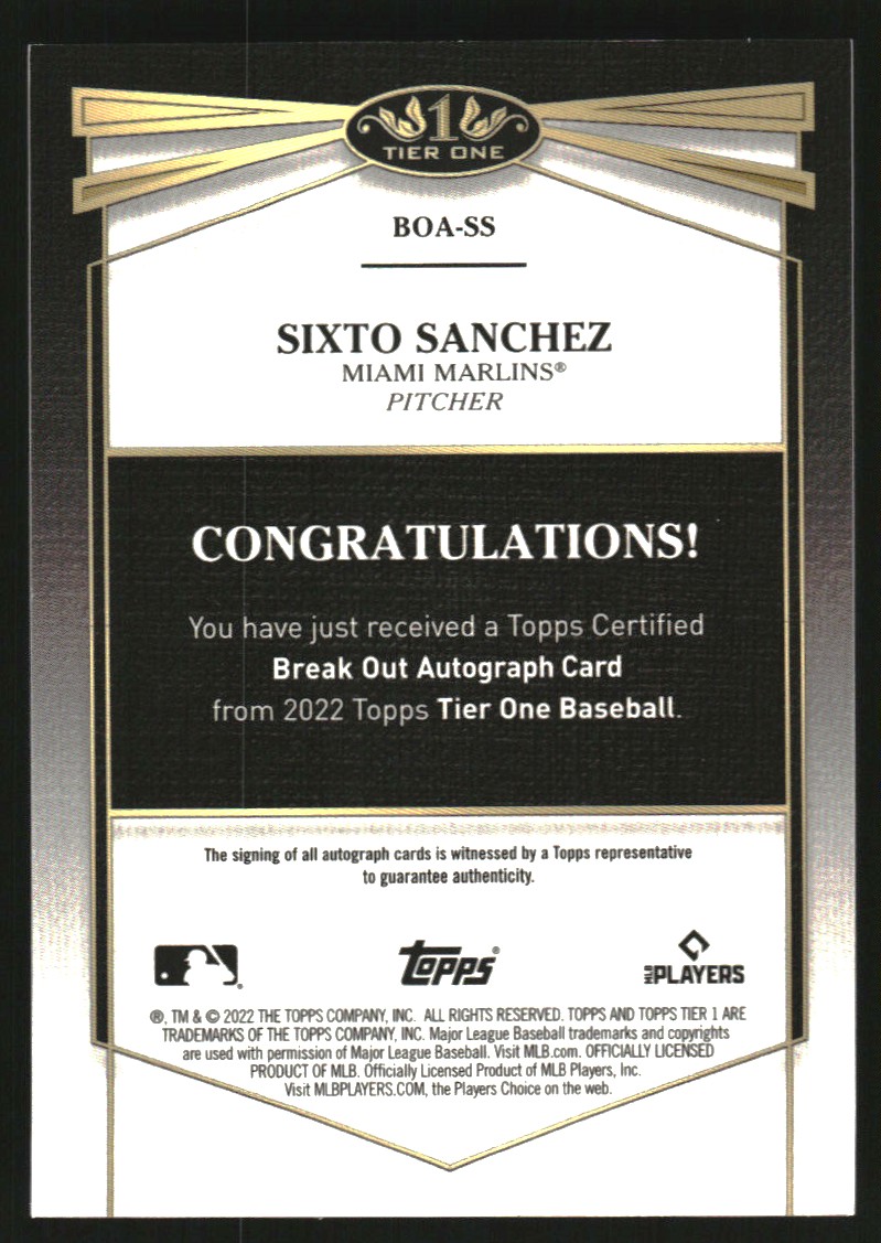 2022 Topps Tier One Break Out Autographs #BOASS Sixto Sanchez/199