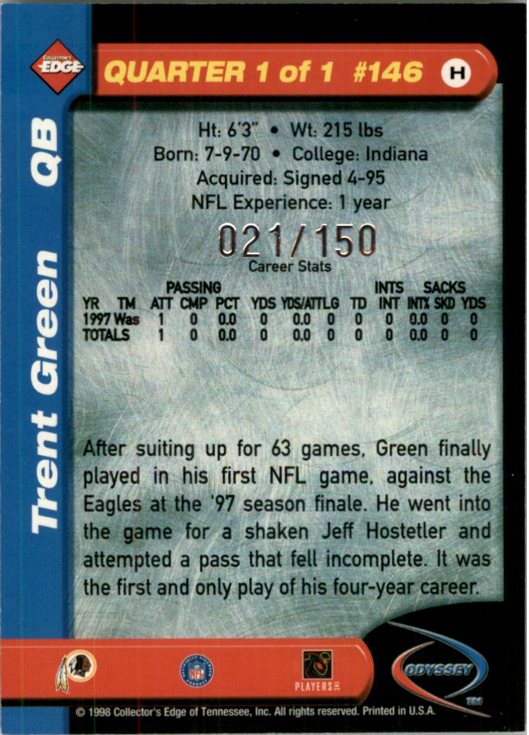1998 Collector's Edge Odyssey Level 2 HoloGold #H146 Trent Green back image