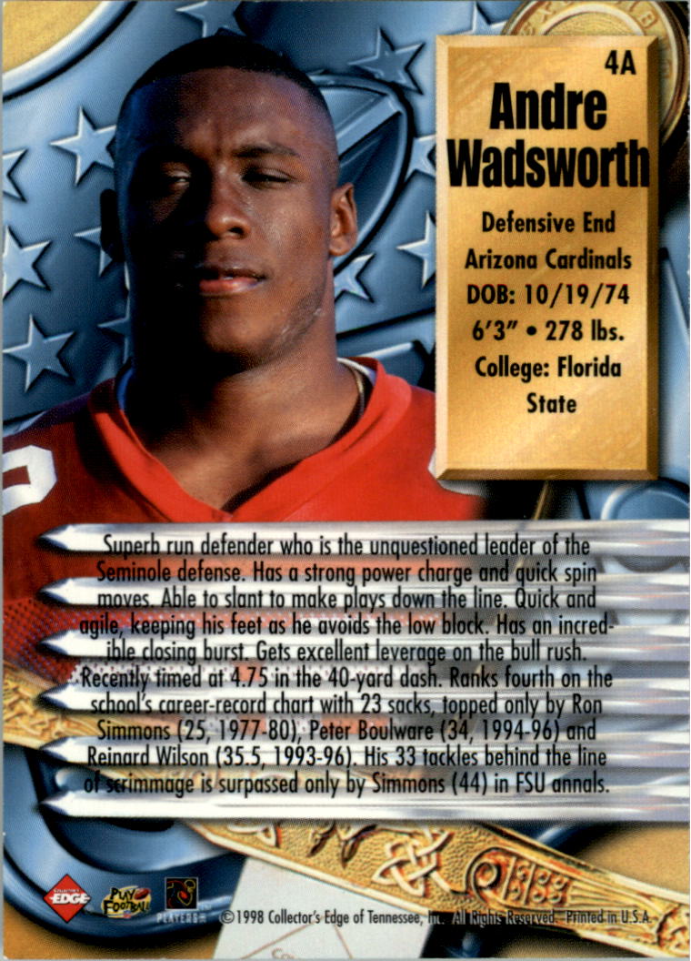 1998 CE Supreme Season Review #4A Andre Wadsworth RC back image
