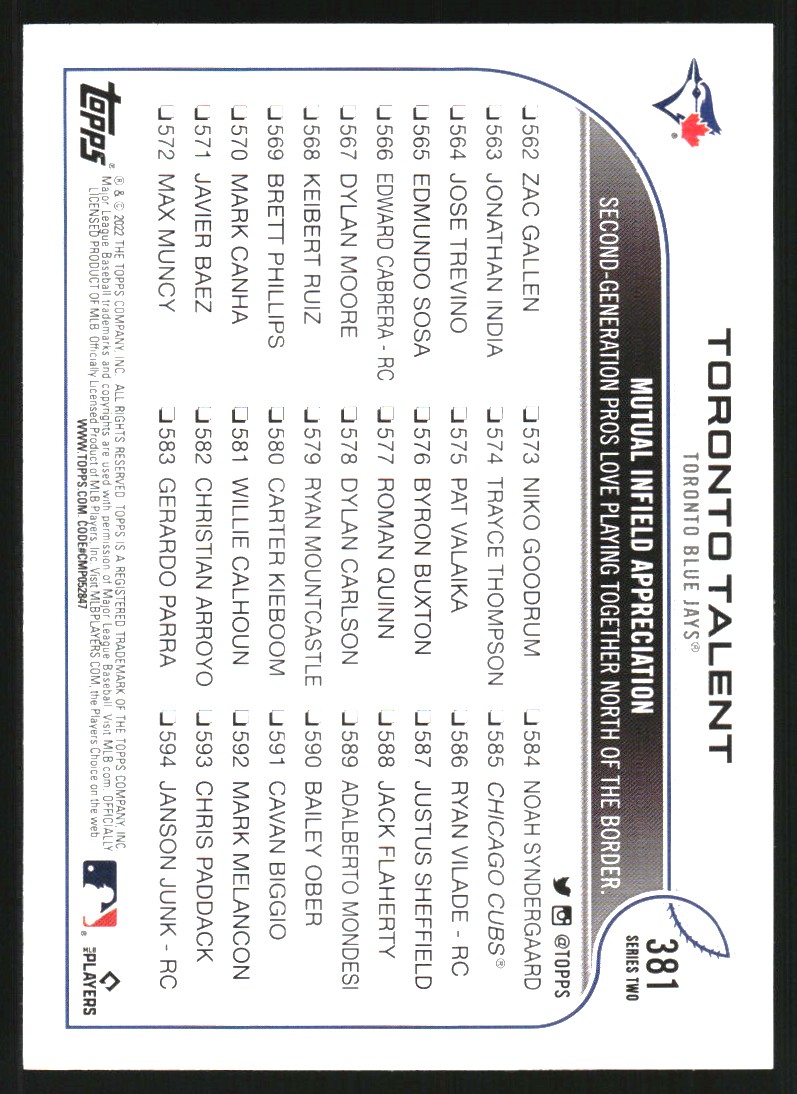 2022 Topps Factory Set All-Star Game #381 Toronto Talent/Bo Bichette/Vladimir Guerrero Jr.