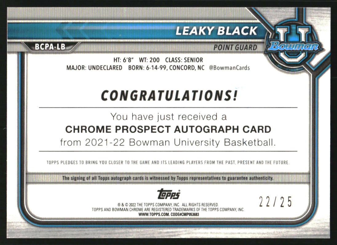 2021-22 Bowman Chrome University Autographs Orange Shimmer Refractors #BCPALB Leaky Black