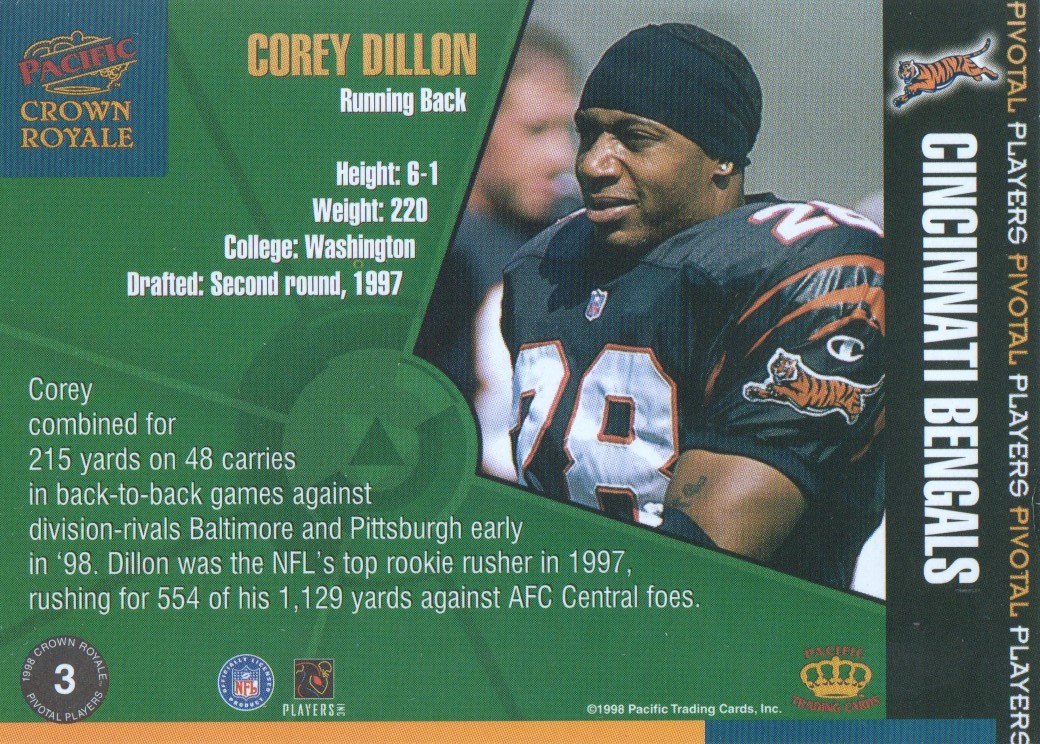 1998 Crown Royale Pivotal Players #3 Corey Dillon back image