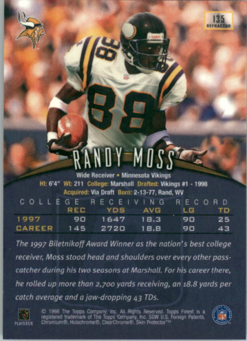 1998 Finest Refractors #135 Randy Moss back image