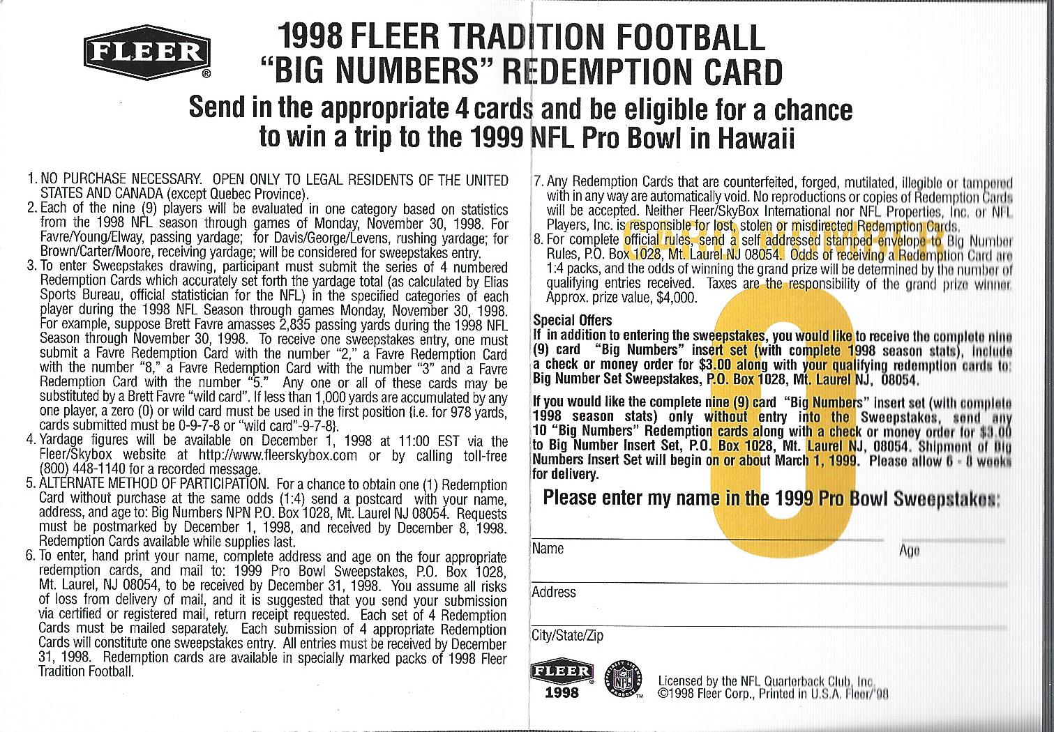 1998 Fleer Tradition Big Numbers #BN4A John Elway 0 back image