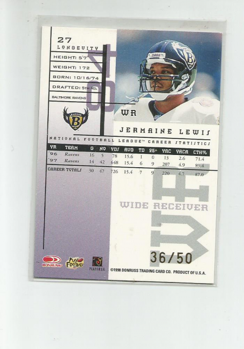 1998 Leaf Rookies and Stars Longevity #27 Jermaine Lewis back image