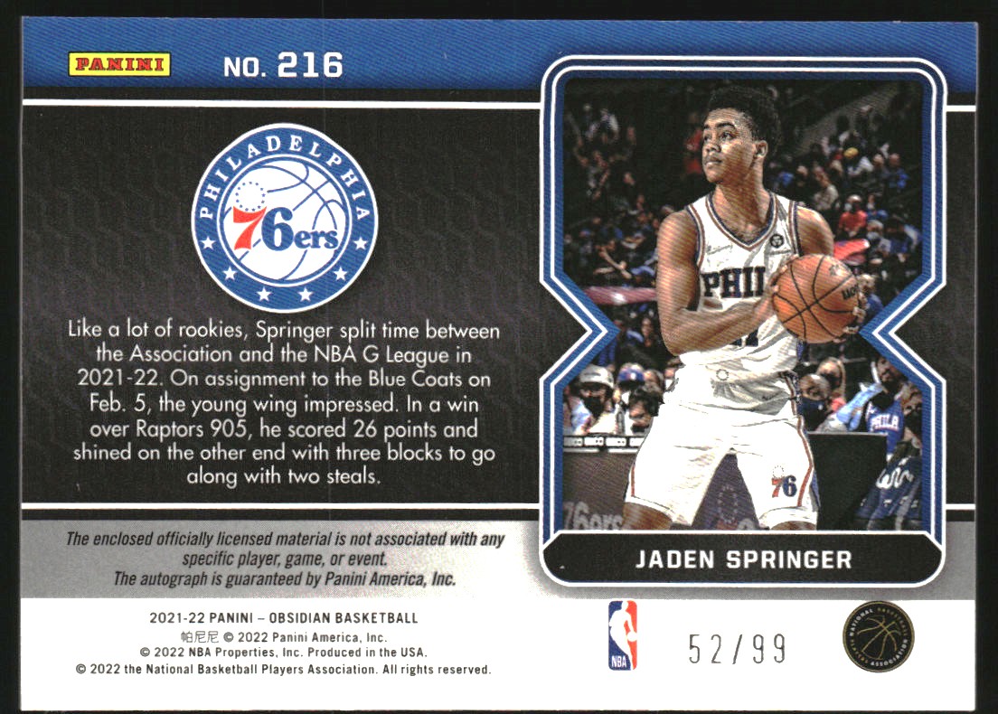 2021-22 Panini Obsidian #216 Jaden Springer AU JSY/99