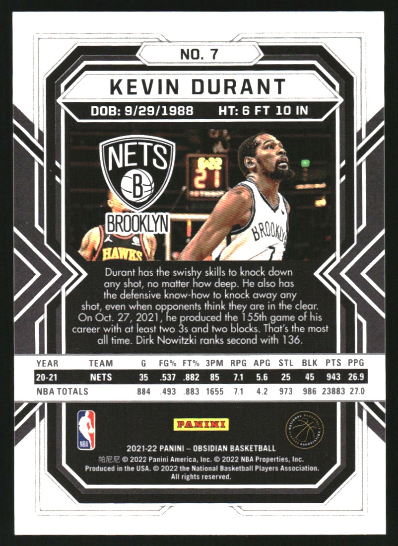 2021-22 Panini Obsidian Electric Etch Red Flood #7 Kevin Durant