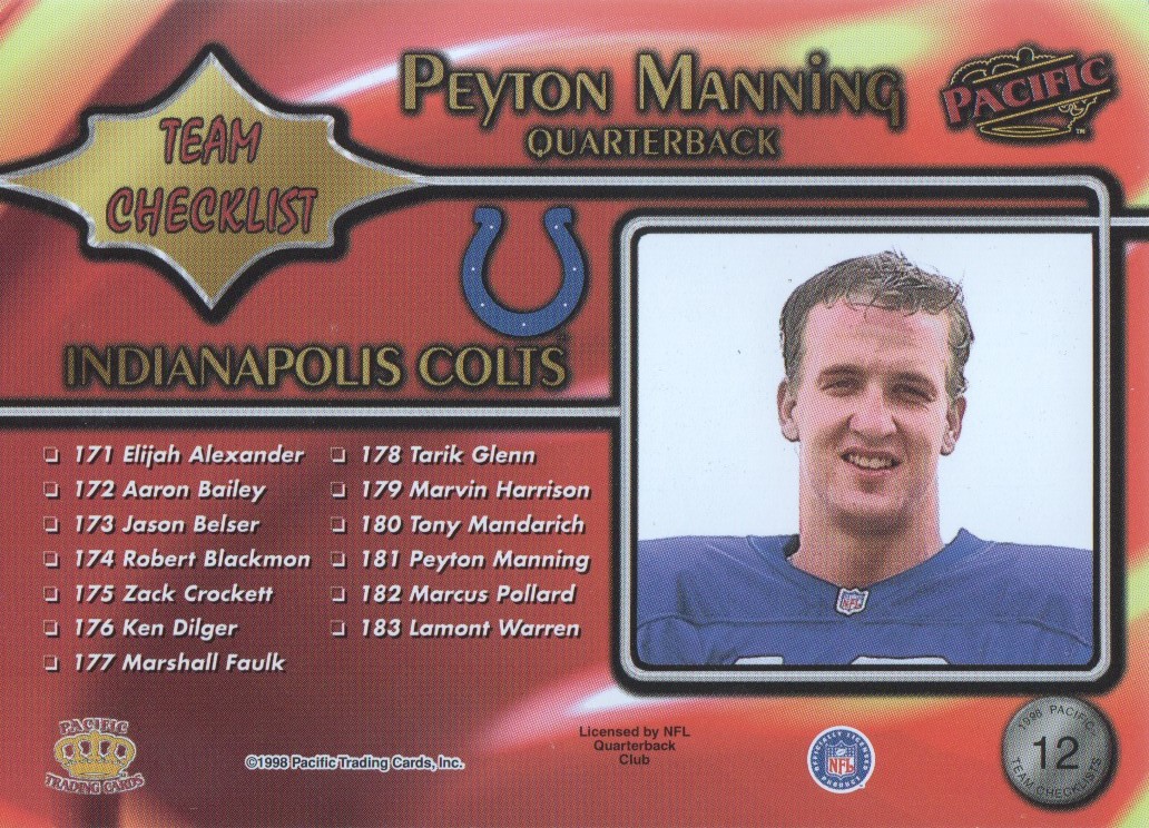 1998 Pacific Team Checklists 12 Peyton Manning Nm Mt 5183