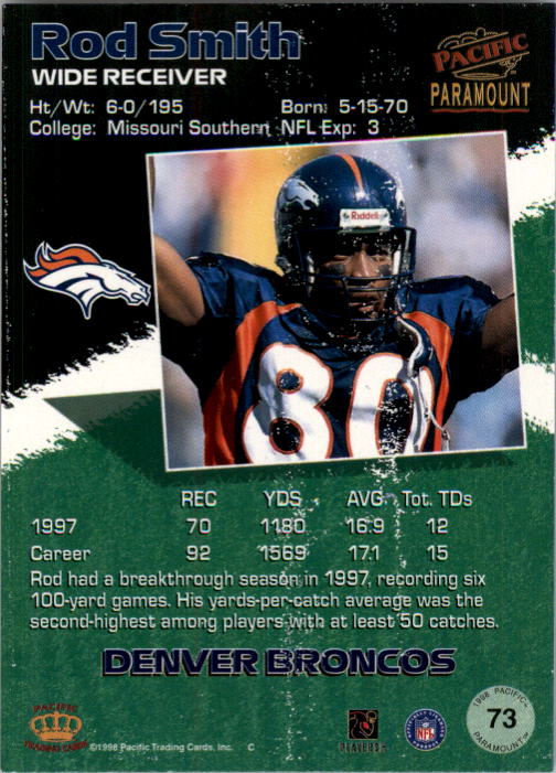 1998 Paramount Red #73 Rod Smith WR back image
