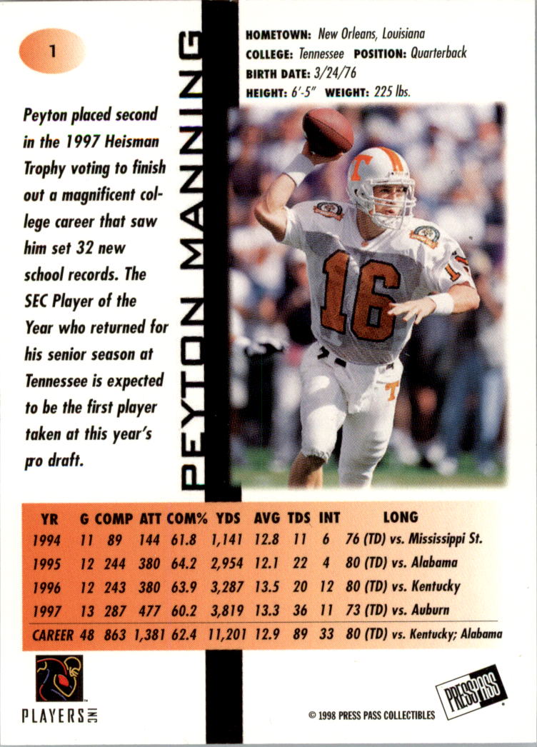 1998 Press Pass #1 Peyton Manning back image