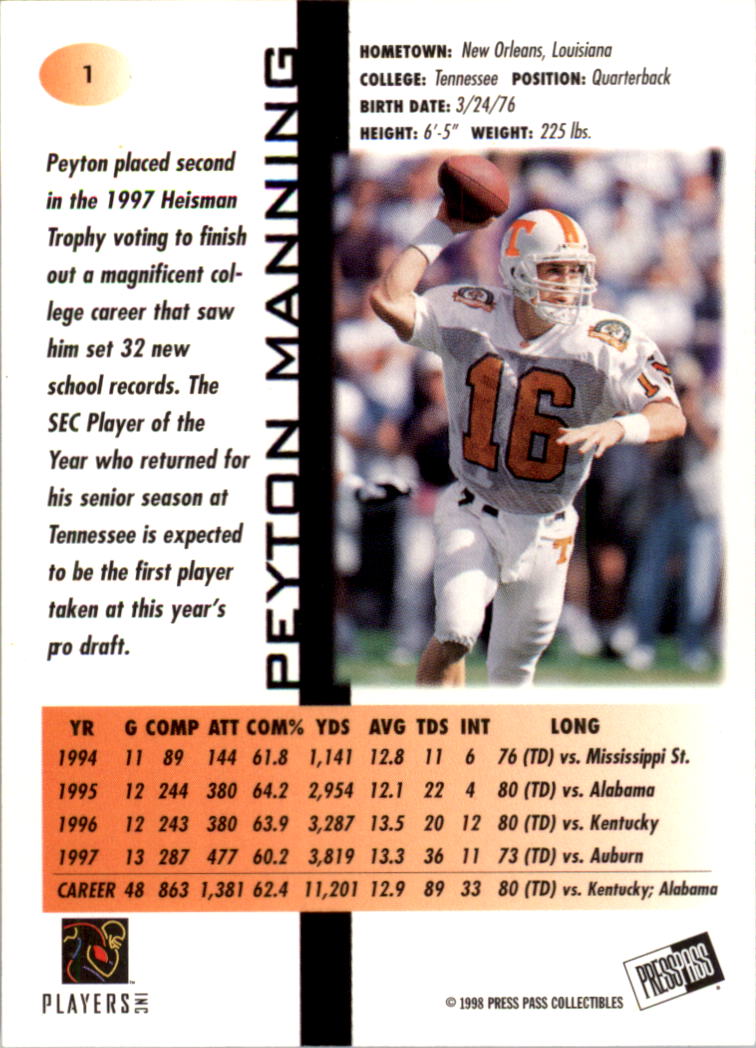 1998 Press Pass Paydirt Red #1 Peyton Manning back image