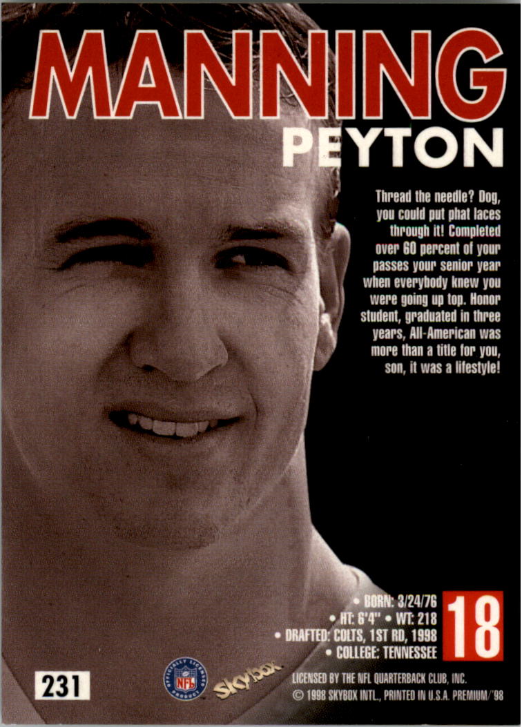 1998 SkyBox Premium #231 Peyton Manning RC back image