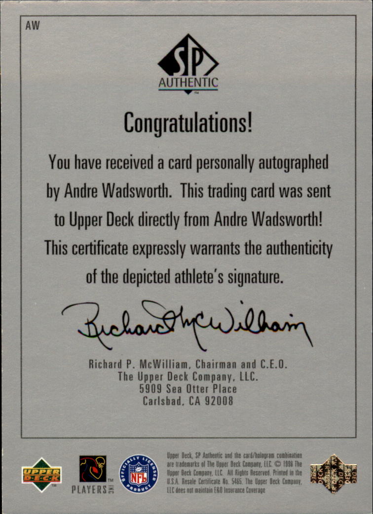 1998 SP Authentic Player's Ink Silver #AW Andre Wadsworth back image