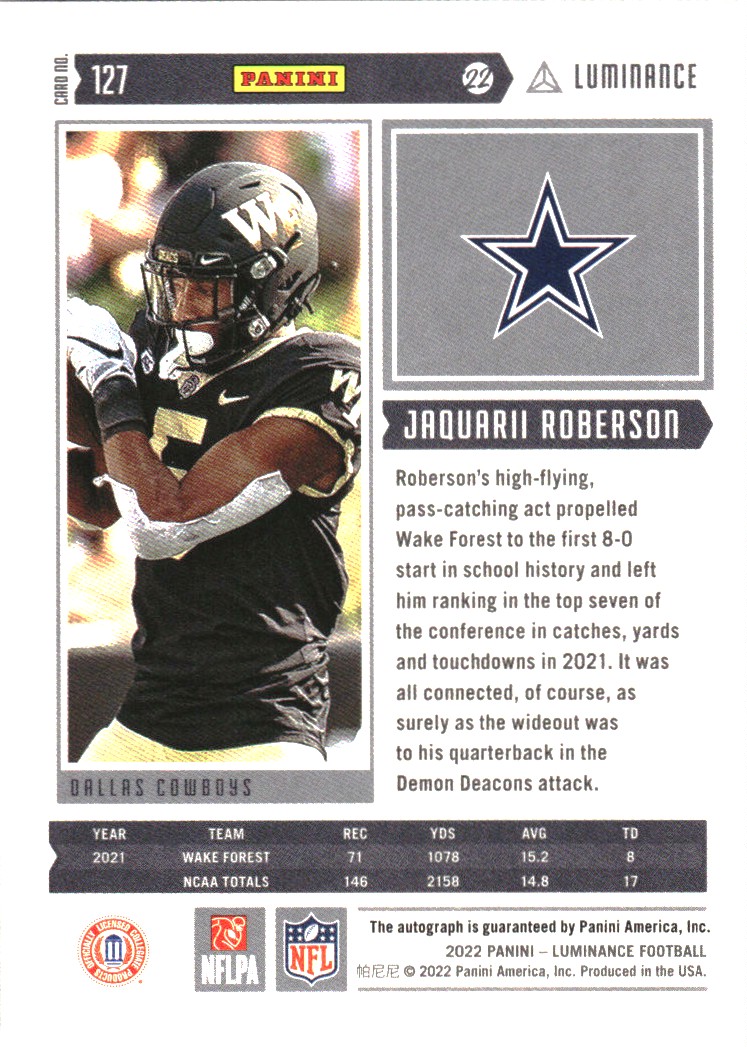 2022 Panini Luminance Autographs Blue #127 Jaquarii Roberson