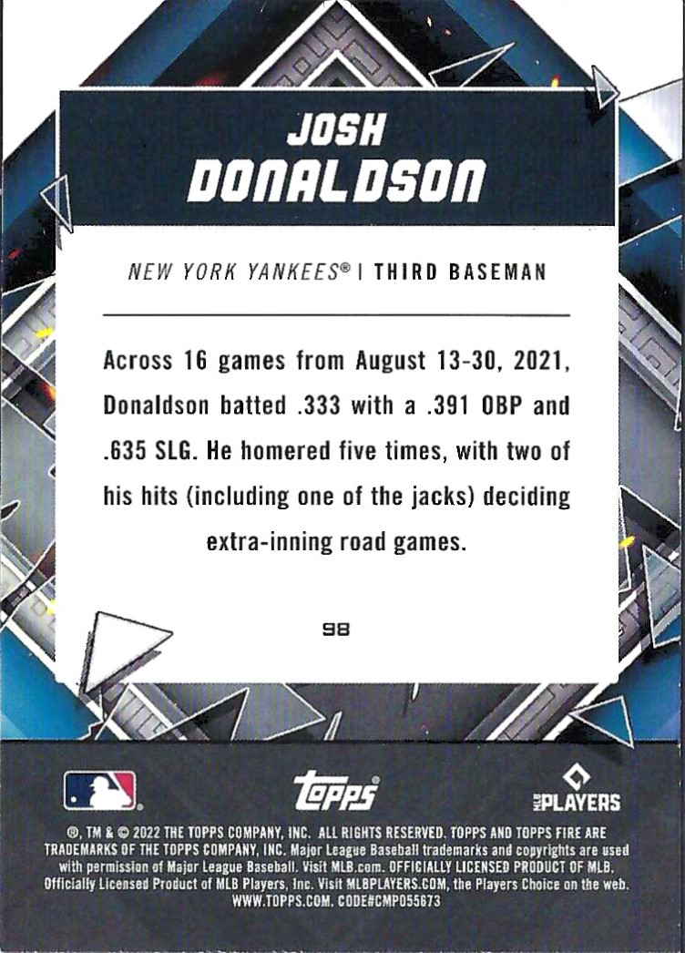 2022 Topps Fire Gold Minted #98 Josh Donaldson back image