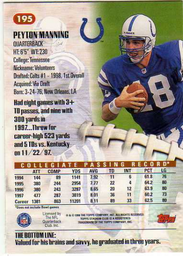 1998 Stadium Club #195 Peyton Manning RC back image