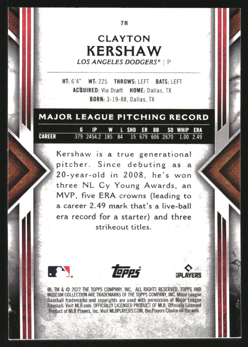 2022 Topps Museum Collection #78 Clayton Kershaw