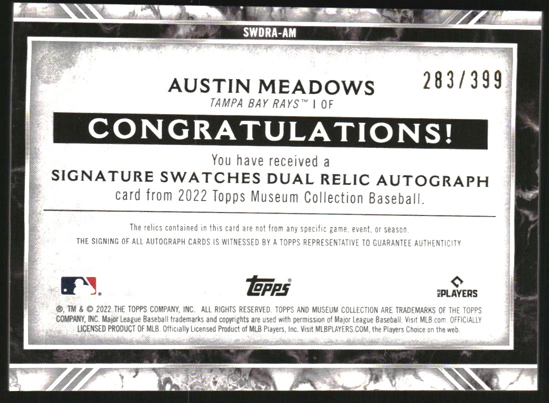 2022 Topps Museum Collection Signature Swatches Dual Relic Autographs #SWDRAAM Austin Meadows/399
