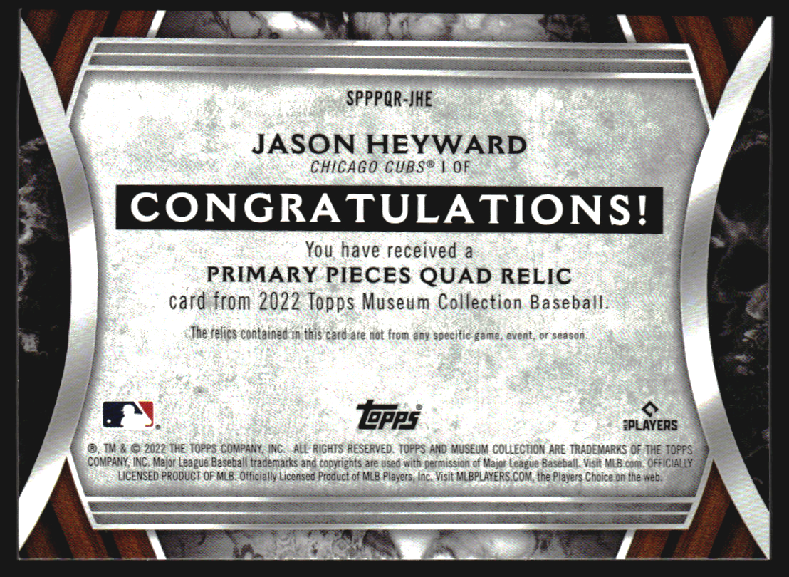 2022 Topps Museum Collection Primary Pieces Quad Relics Gold #SPPPQRJHE Jason Heyward back image