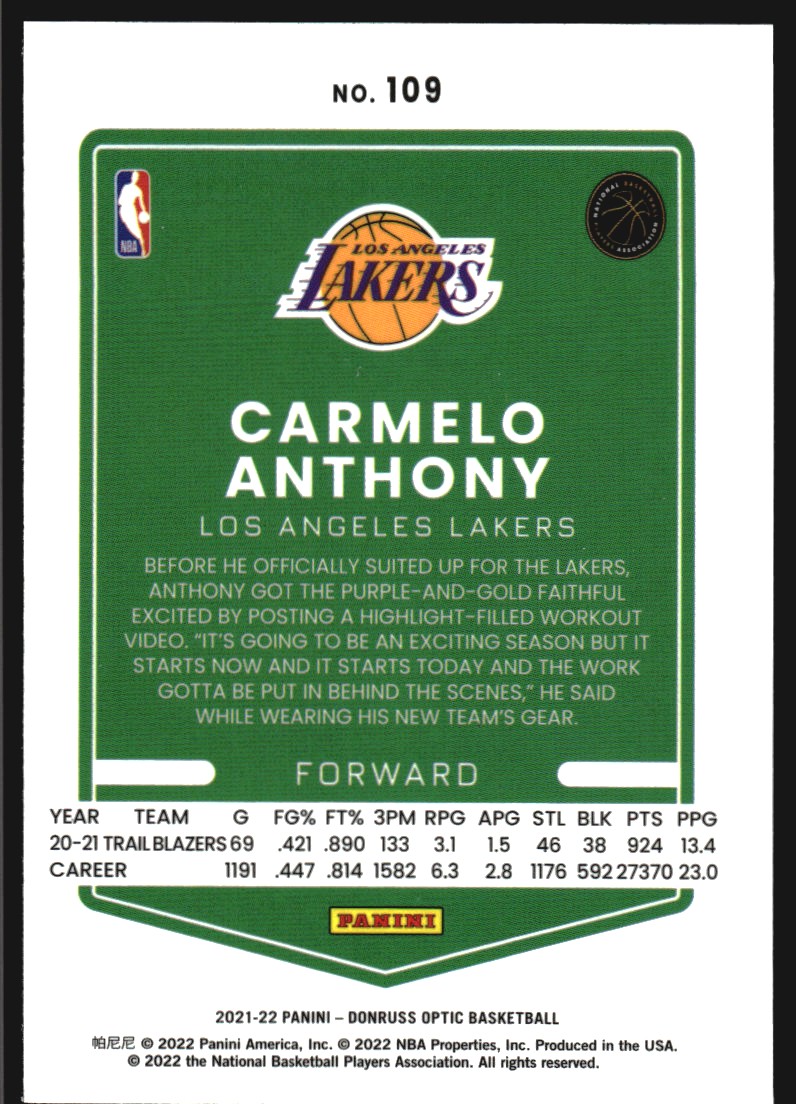 2021-22 Donruss Optic #109 Carmelo Anthony