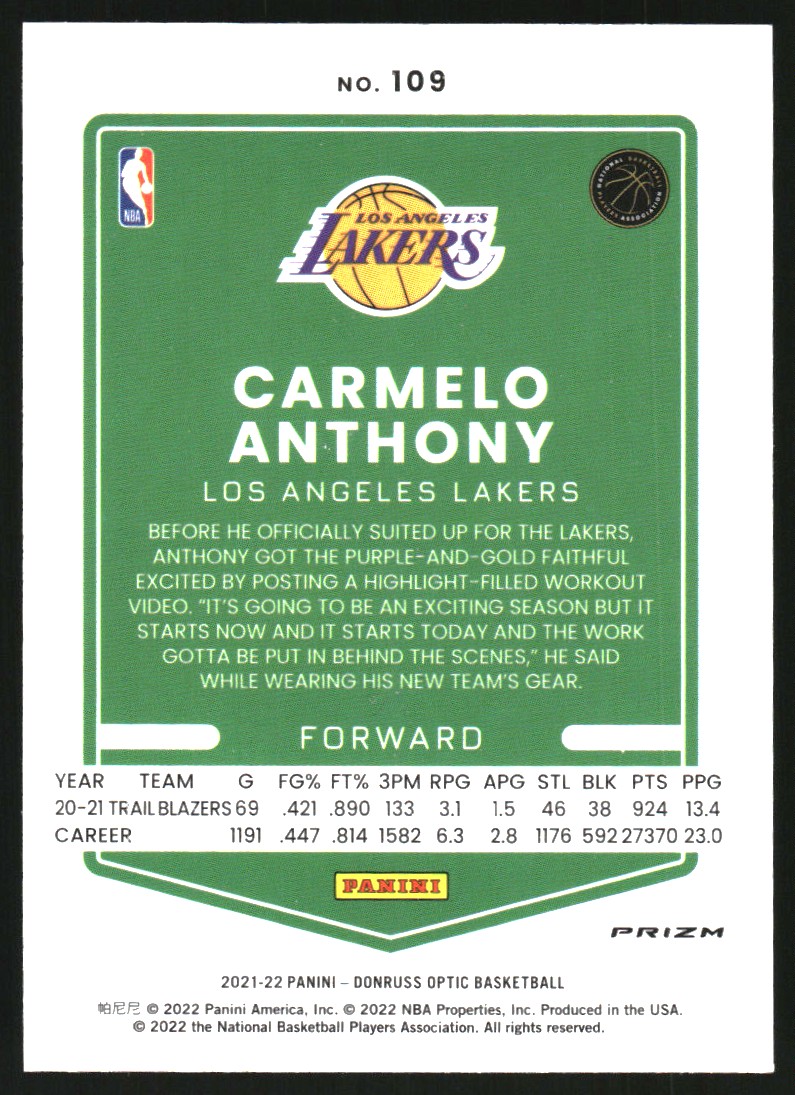2021-22 Donruss Optic Blue Velocity #109 Carmelo Anthony