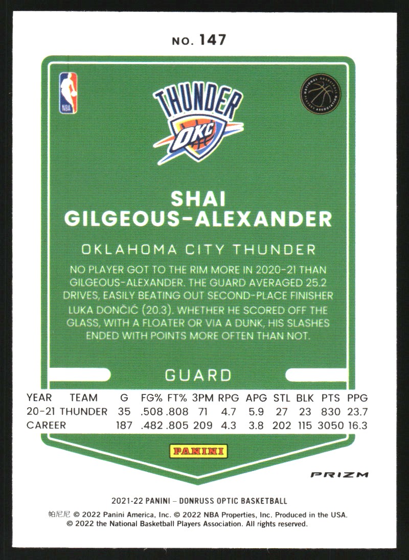 2021-22 Donruss Optic Blue Velocity #147 Shai Gilgeous-Alexander