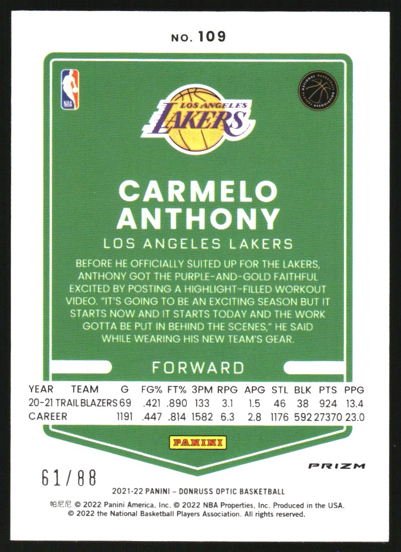 2021-22 Donruss Optic Choice Red #109 Carmelo Anthony