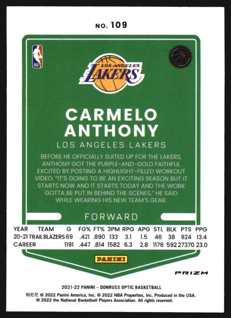 2021-22 Donruss Optic Fast Break Holo #109 Carmelo Anthony