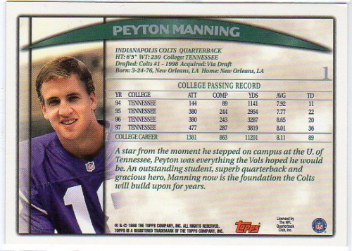 1998 Topps Season Opener #1 Peyton Manning RC back image