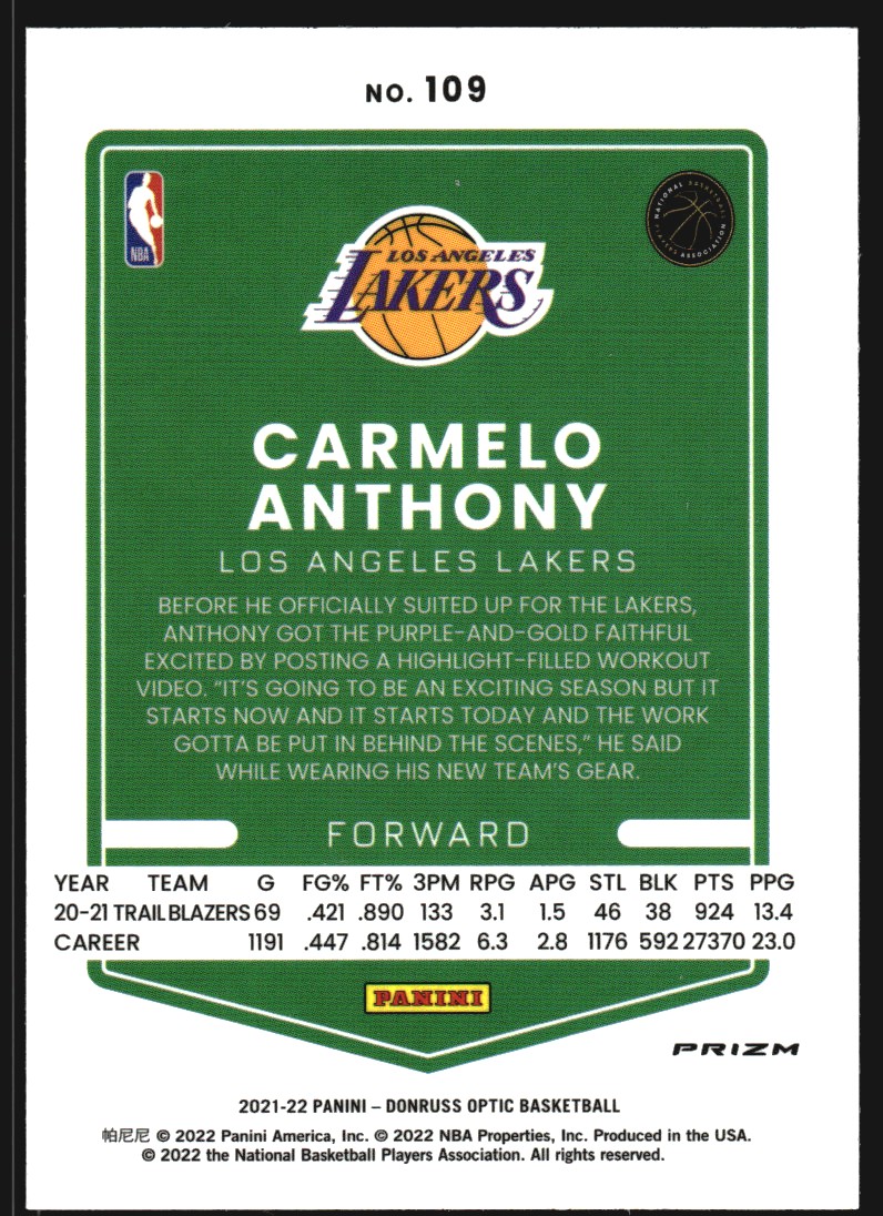2021-22 Donruss Optic Holo #109 Carmelo Anthony
