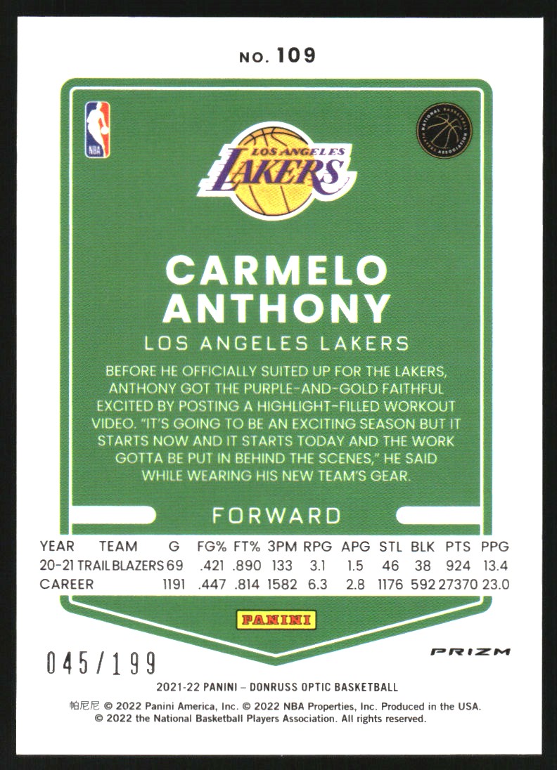 2021-22 Donruss Optic Orange #109 Carmelo Anthony