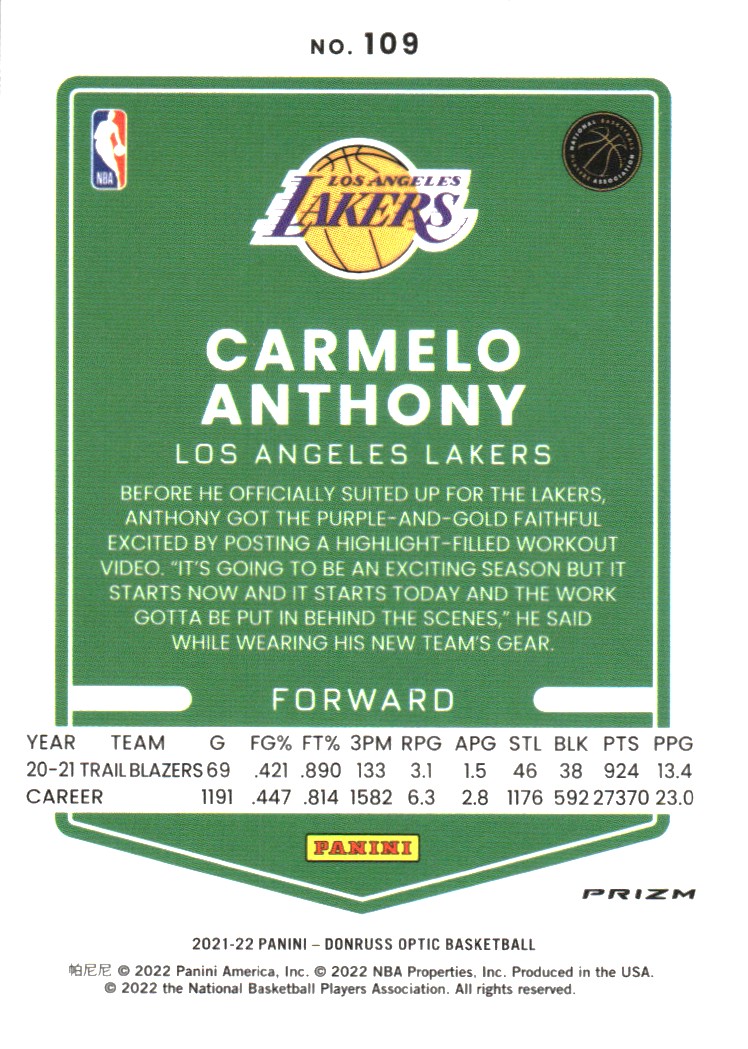 2021-22 Donruss Optic Purple #109 Carmelo Anthony