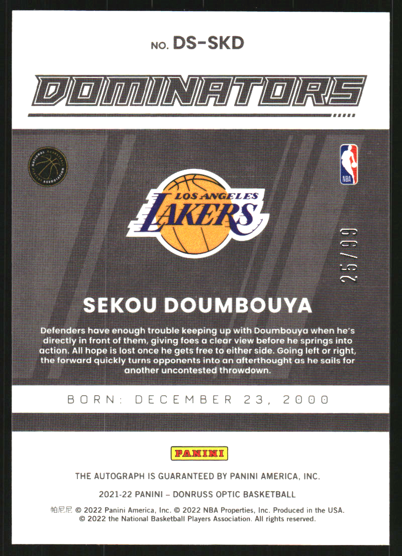 2021-22 Donruss Optic Dominators Signatures #23 Sekou Doumbouya/99 back image