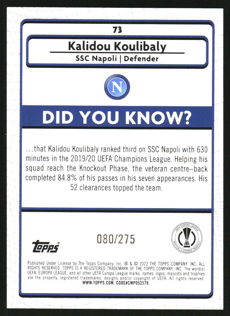 2021-22 Merlin UEFA Champions League Pink Mojo Prism Refractors #73 Kalidou Koulibaly