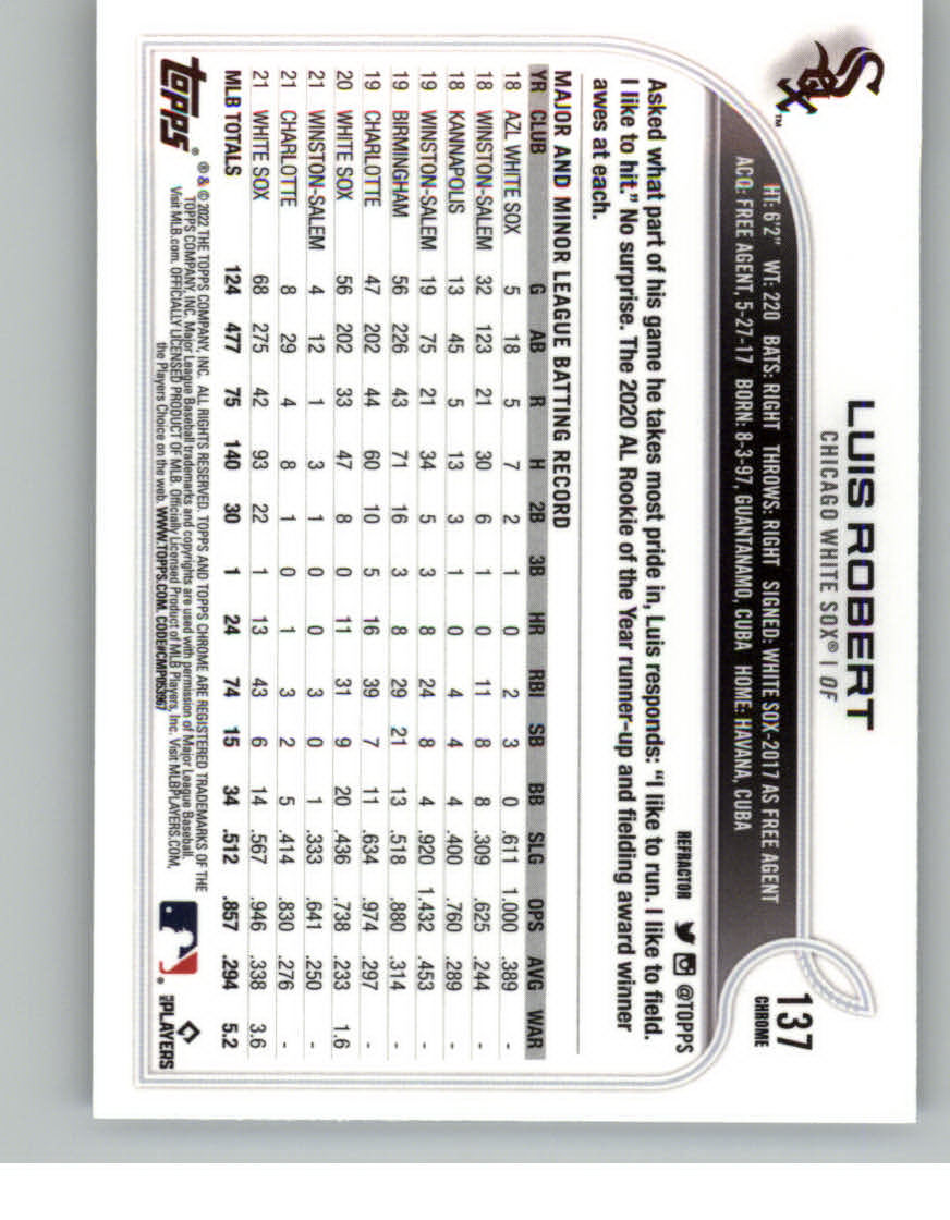 2022 Topps Chrome Refractors #137 Luis Robert back image