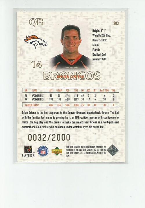 1998 UD Choice Domination Next SE #283 Brian Griese DN back image
