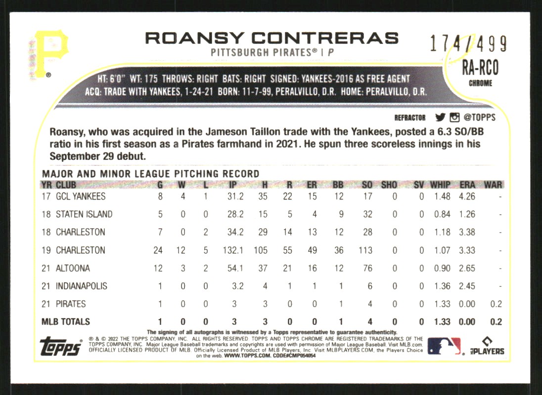 2022 Topps Chrome Rookie Autographs Refractors #RARCO Roansy Contreras