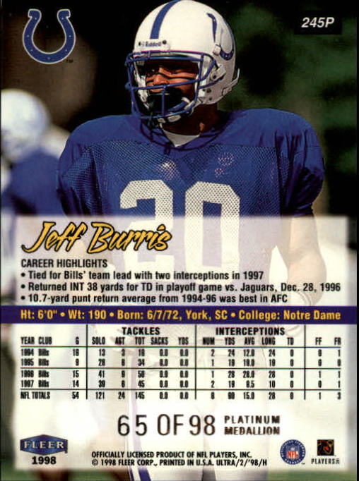 1998 Ultra Platinum Medallion #245P Jeff Burris back image