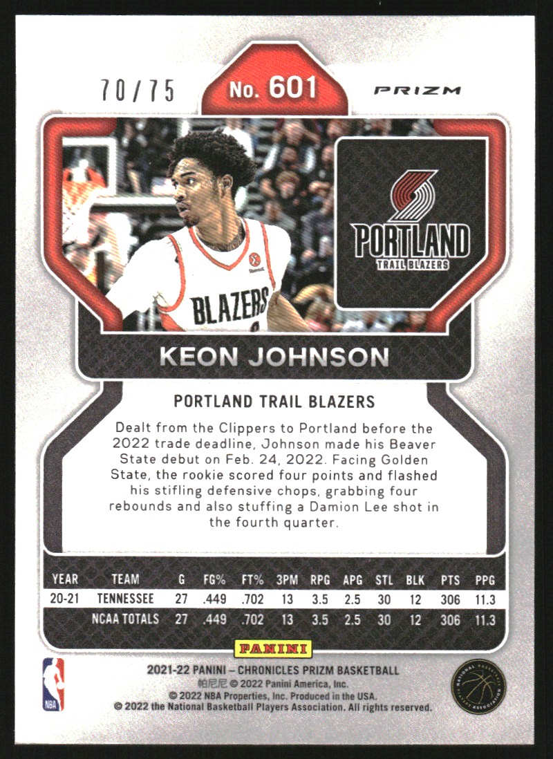 2021-22 Panini Chronicles 75th Anniversary #601 Keon Johnson/Prizm Update