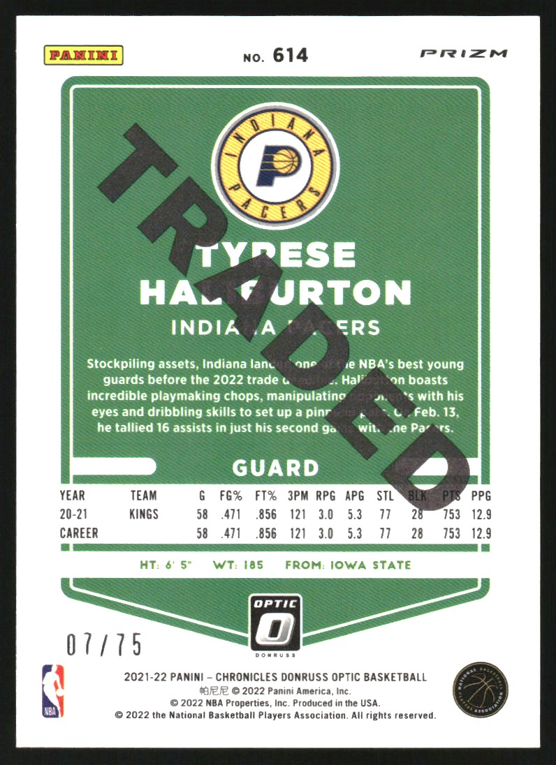 2021-22 Panini Chronicles 75th Anniversary #614 Tyrese Haliburton/Donruss Optic Traded
